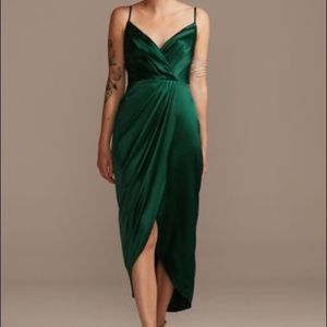 PLEATED BODICE SPAGHETTI STRAP SATIN TULIP DRESS
